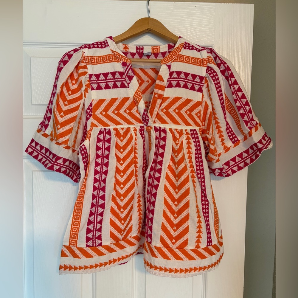 Old Navy Peasant Top Blouse Size Medium Ethnic Boho Orange Hot Pink N6